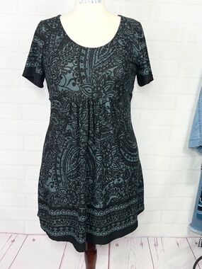 NWT🤩 |•REBORN•| Black Gray Paisley Floral Empire Waist Stretch Knit Dress XL